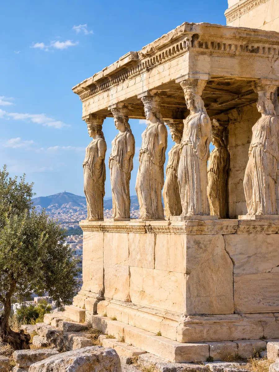 Die Korenhalle am Erechtheion mit den Karyatiden, sechs Mädchenfiguren aus Marmor, die das Dach tragen