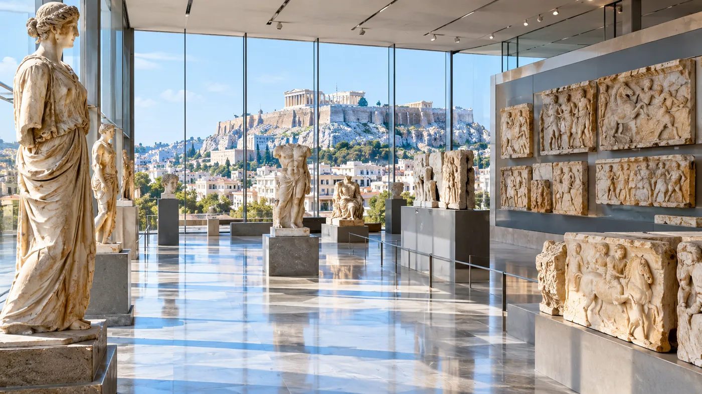 Ein heller Museumssaal mit Marmorskulpturen, durch die Glaswand ist die Akropolis zu sehen