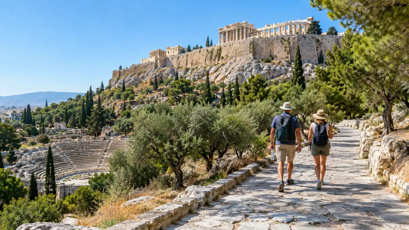Ein Steinweg führt zwischen Olivenbäumen den Südhang der Akropolis hinauf, unten das Dionysostheater