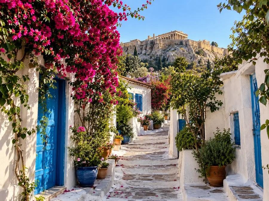 Eine weiß getünchte Gasse mit Bougainvillea und blauen Türen in Anafiotika, darüber die Akropolis