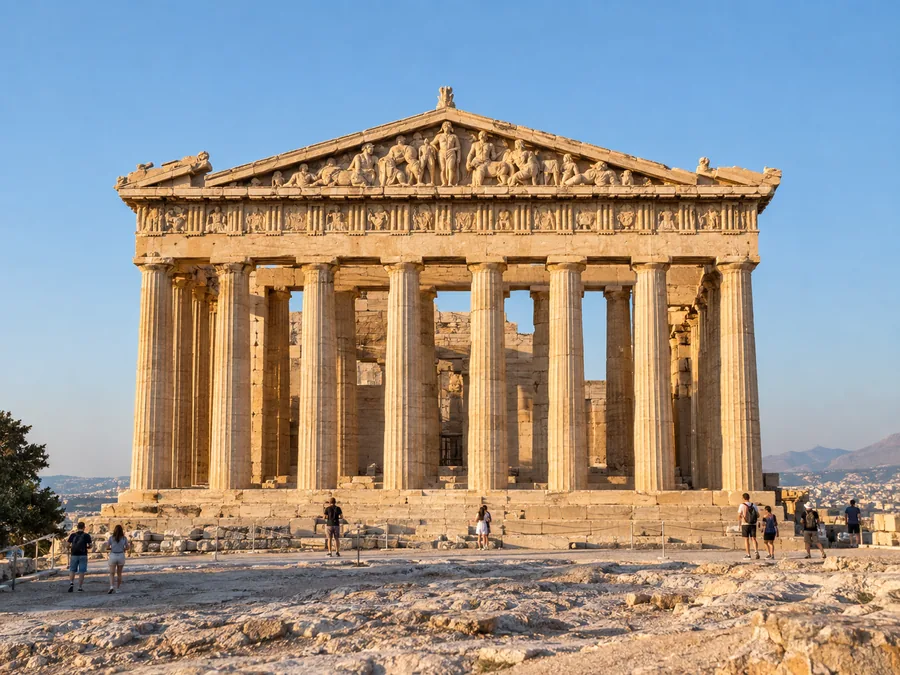 Die Ostfront des Parthenon mit ihren acht dorischen Säulen im warmen Nachmittagslicht